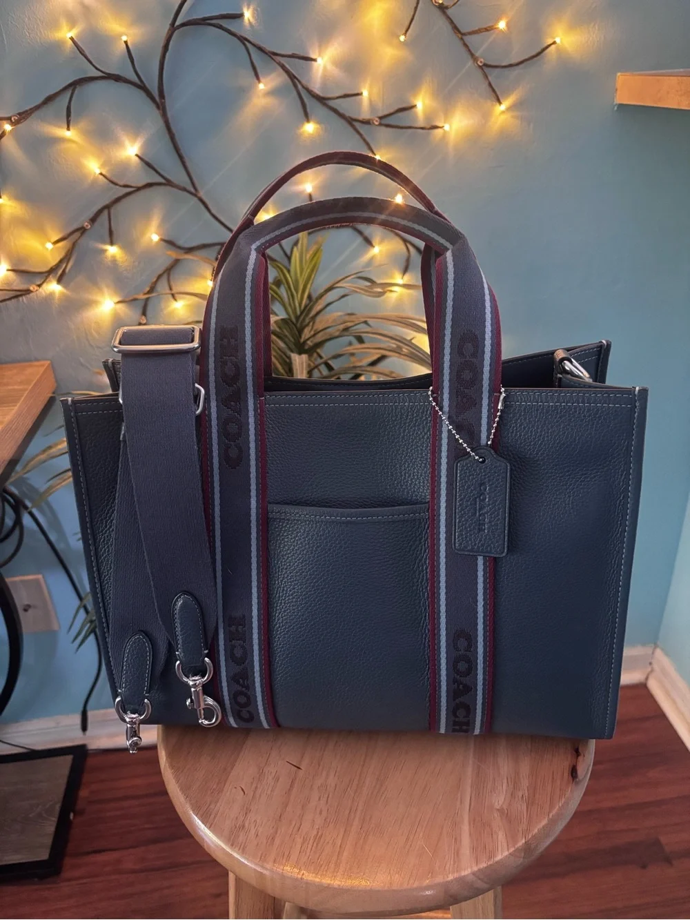Coach Navy Blue Pebbled Leather Tote with Logo Webbing